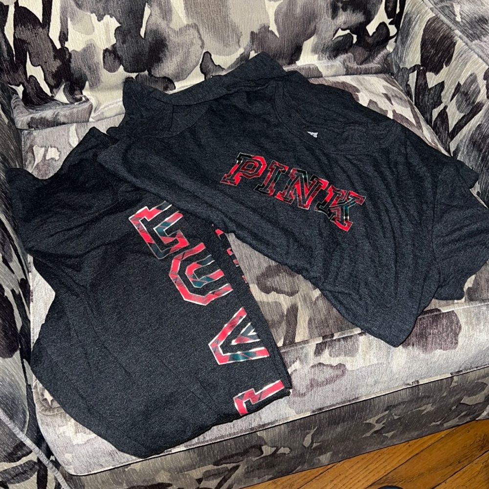 Gray Victoria secret 2 piece set with LOVE PINK on shirt and down leg(red plaid)